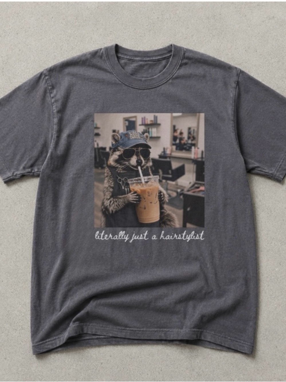 Graphic Raccoon Hairstylist Tee - Charcoal